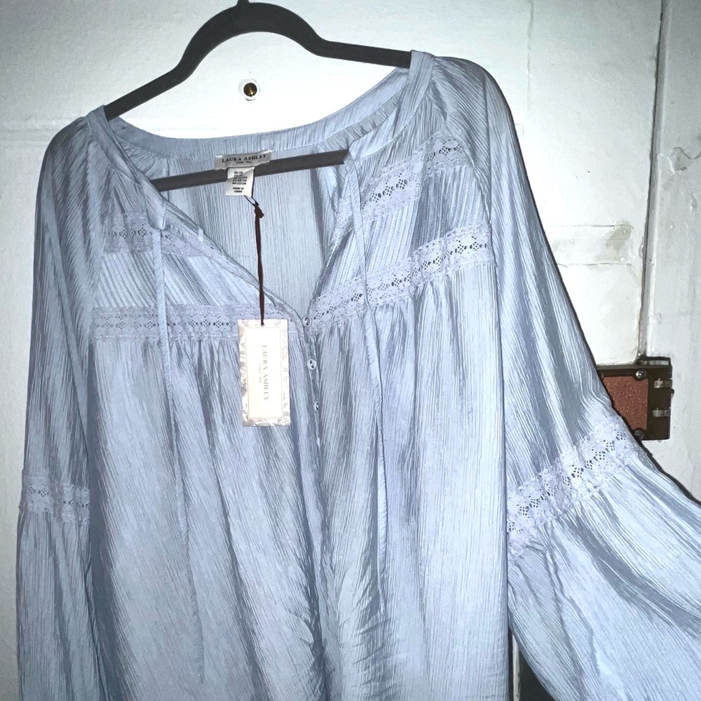 Laura Ashley Pale Blue Boho Button-Front Blouse - Picture 2 of 5